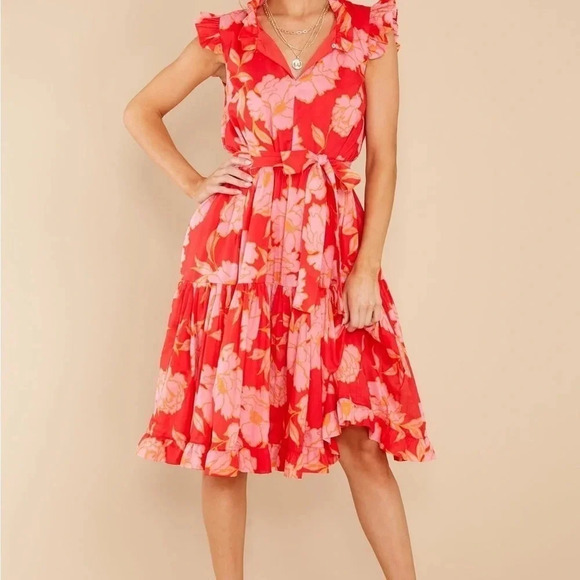 Mason Baker JUST THE HIGHLIGHTS RED FLORAL PRINT MIDI DRESS Size Small - Picture 5 of 10